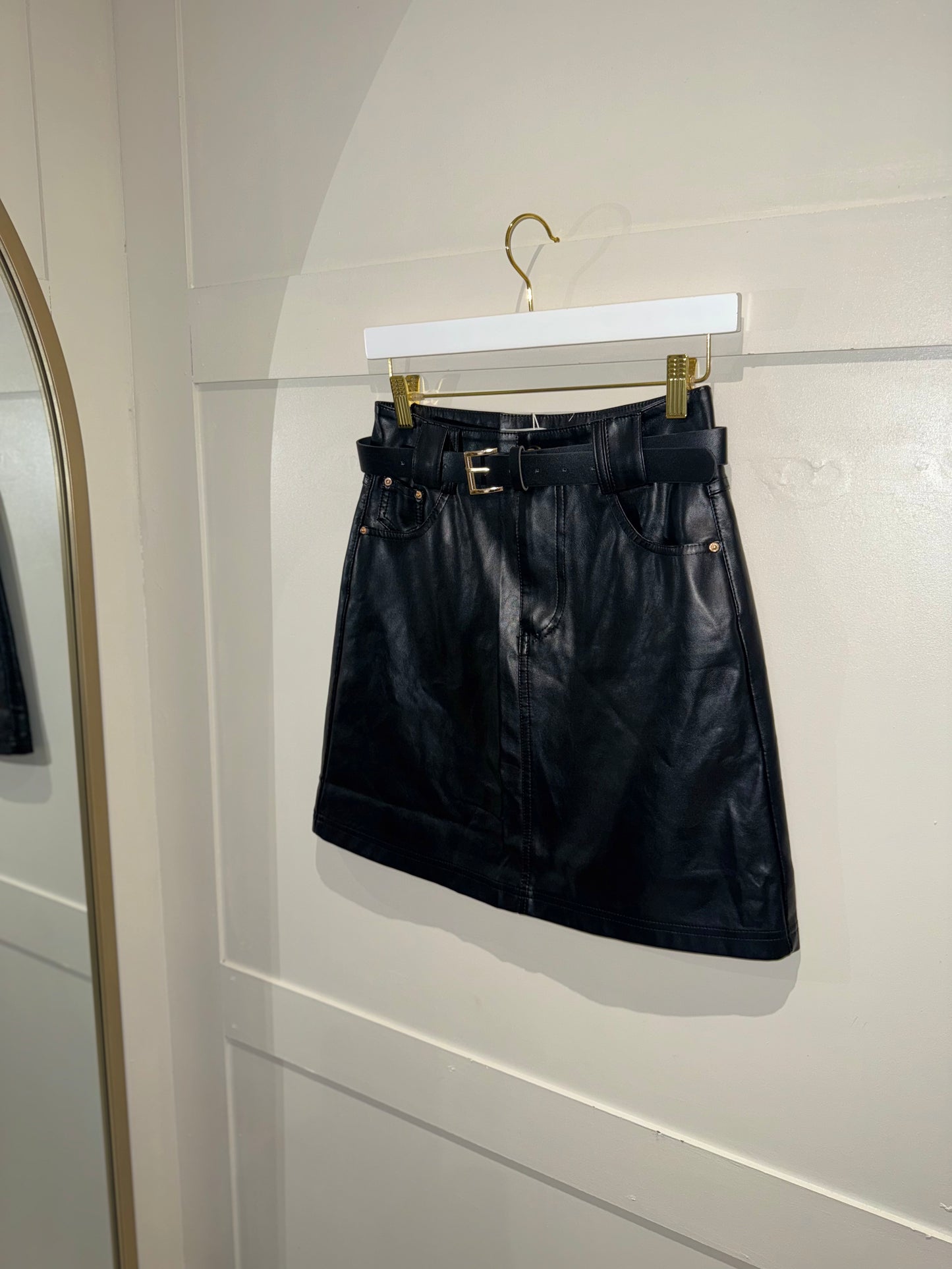 Faux Leather Belted Skirt