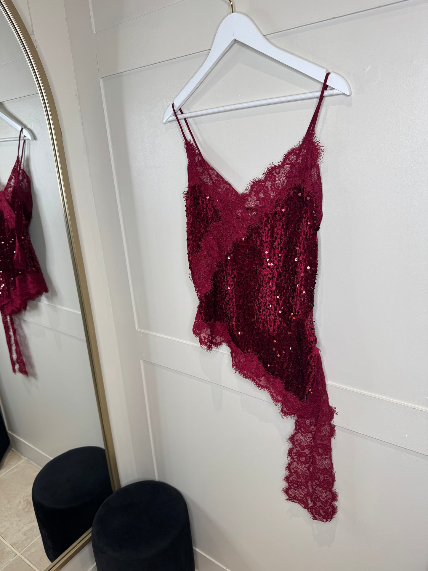 Asymmetric Sequin and Lace Top