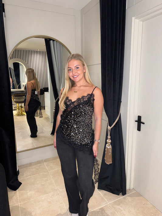 Asymmetric Sequin and Lace Top